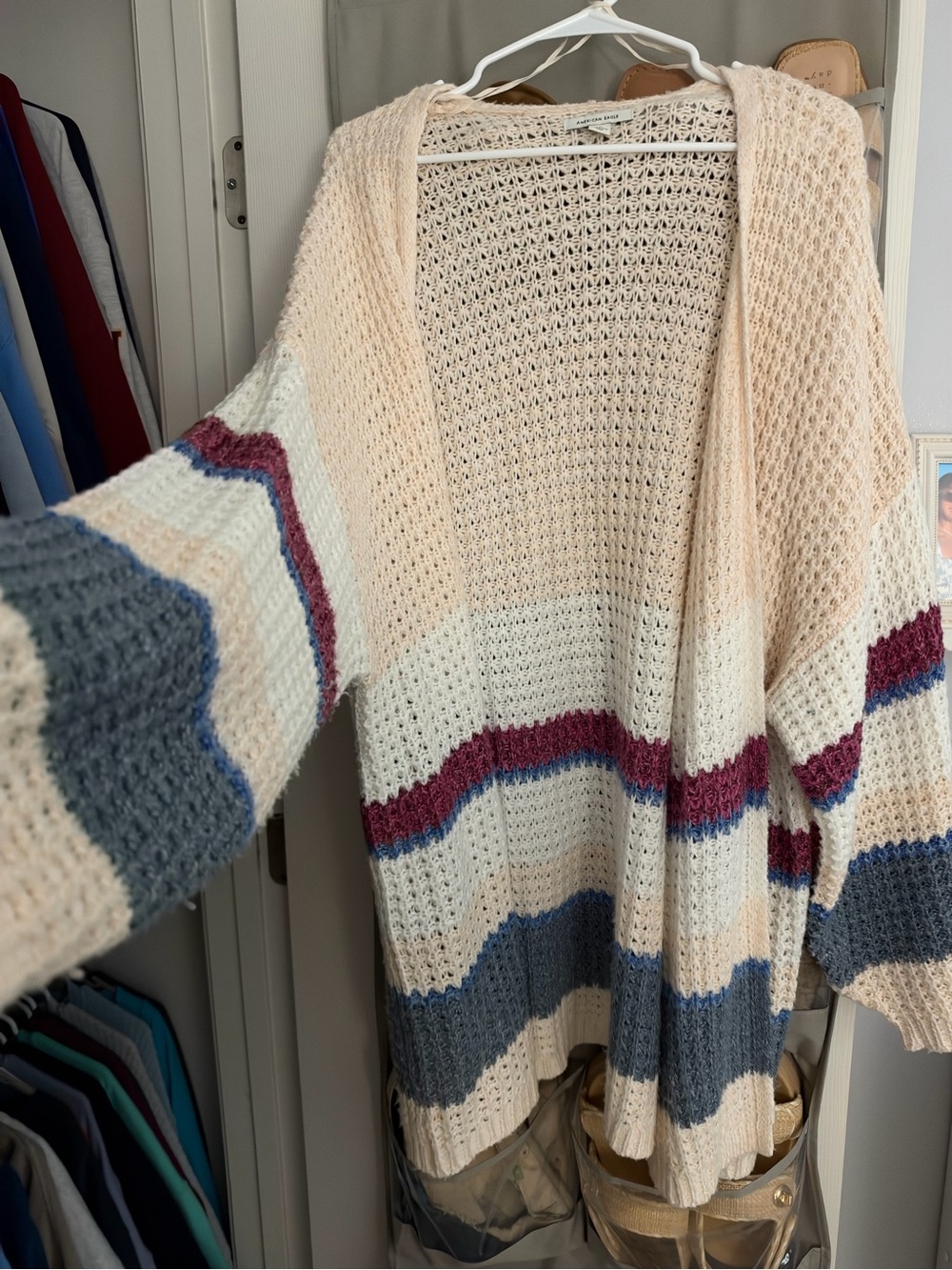 Striped Open-Front Knit Cardigan - Cream with Blue & Burgundy Accents